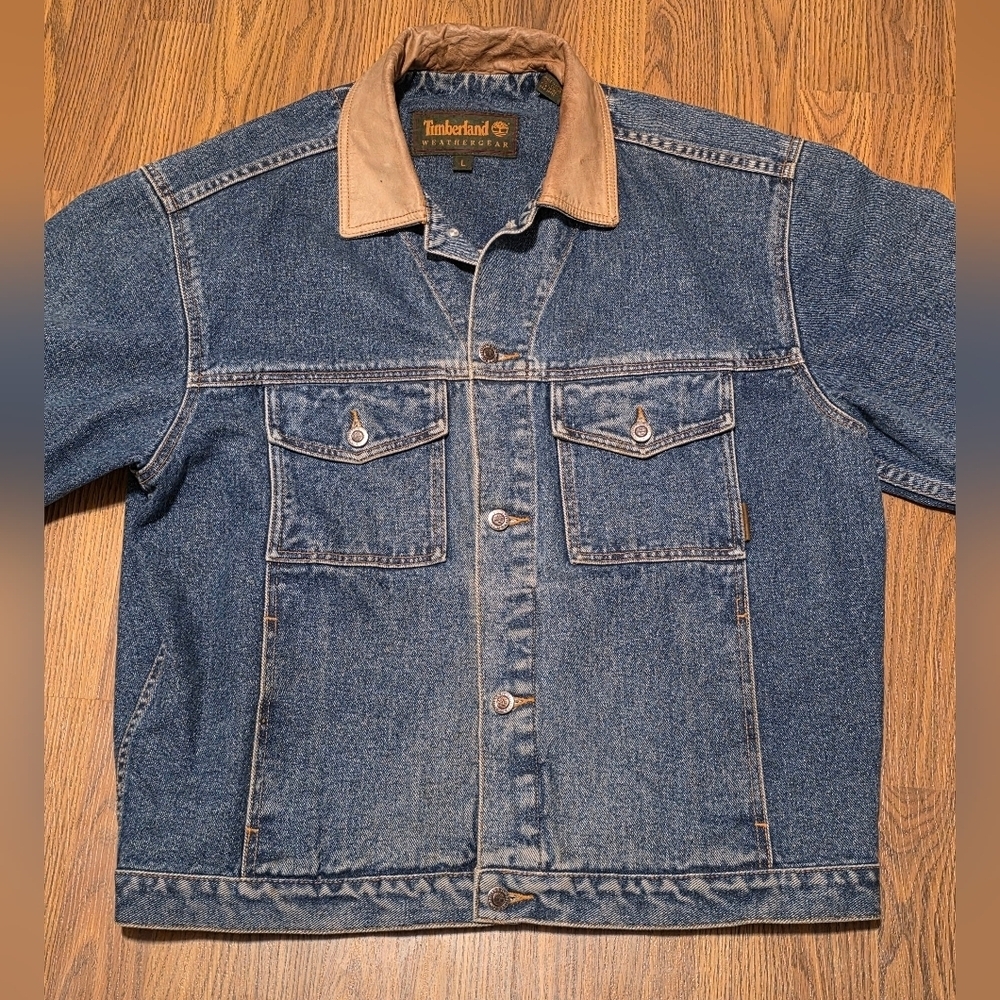 Vintage Timberland Weather gear 90s Denim Jean Jacket Mens L Rugged Workwear E16 - Picture 4 of 16